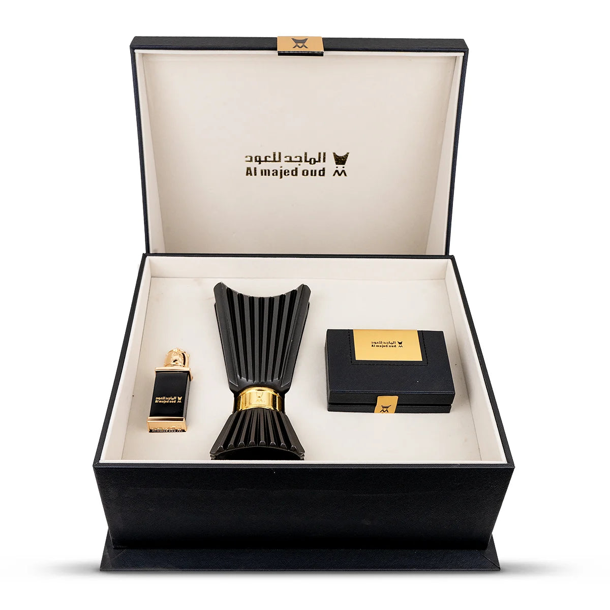 Small black leather gift box (Al Majed medium incense burner - Al-Azariya oil - Arain Oud No. 50 - 28 gm)