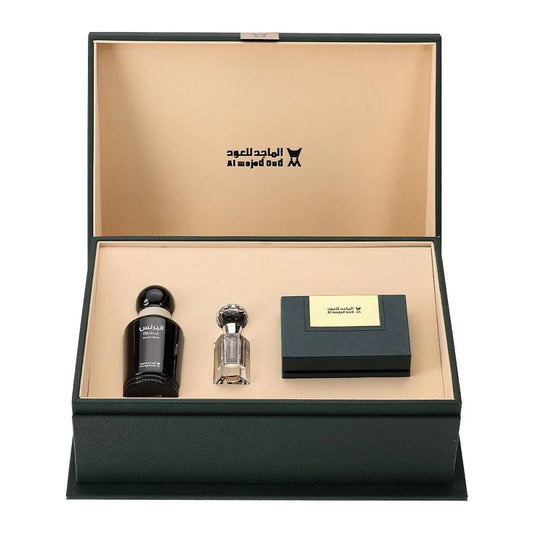Green Leather Gift Box Mohsen Morocce Oud - 28 gm - Dehn Oud No.6 (3 ml) - Elbrince Classics Perfume - 100 ml