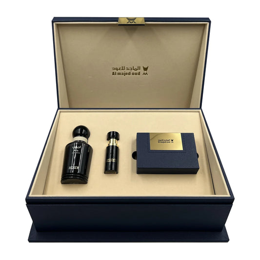 Blue Leather Gift Box (Aris Classic Perfume - 100ml Sweet Oud Oil 3ml - Oud 28g)