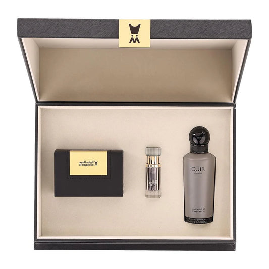 Black Leather Gift Box - Cuir Perfume 150 ml - Dehn Oud 5 (3 ml) - Oud 45 (28 gm)