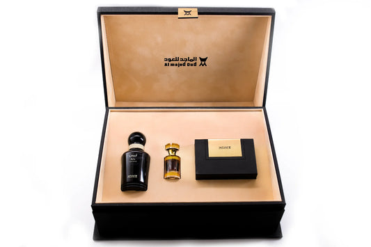 Gift box of improved Moroccan oud, sweet oud oil, and Aris Classic